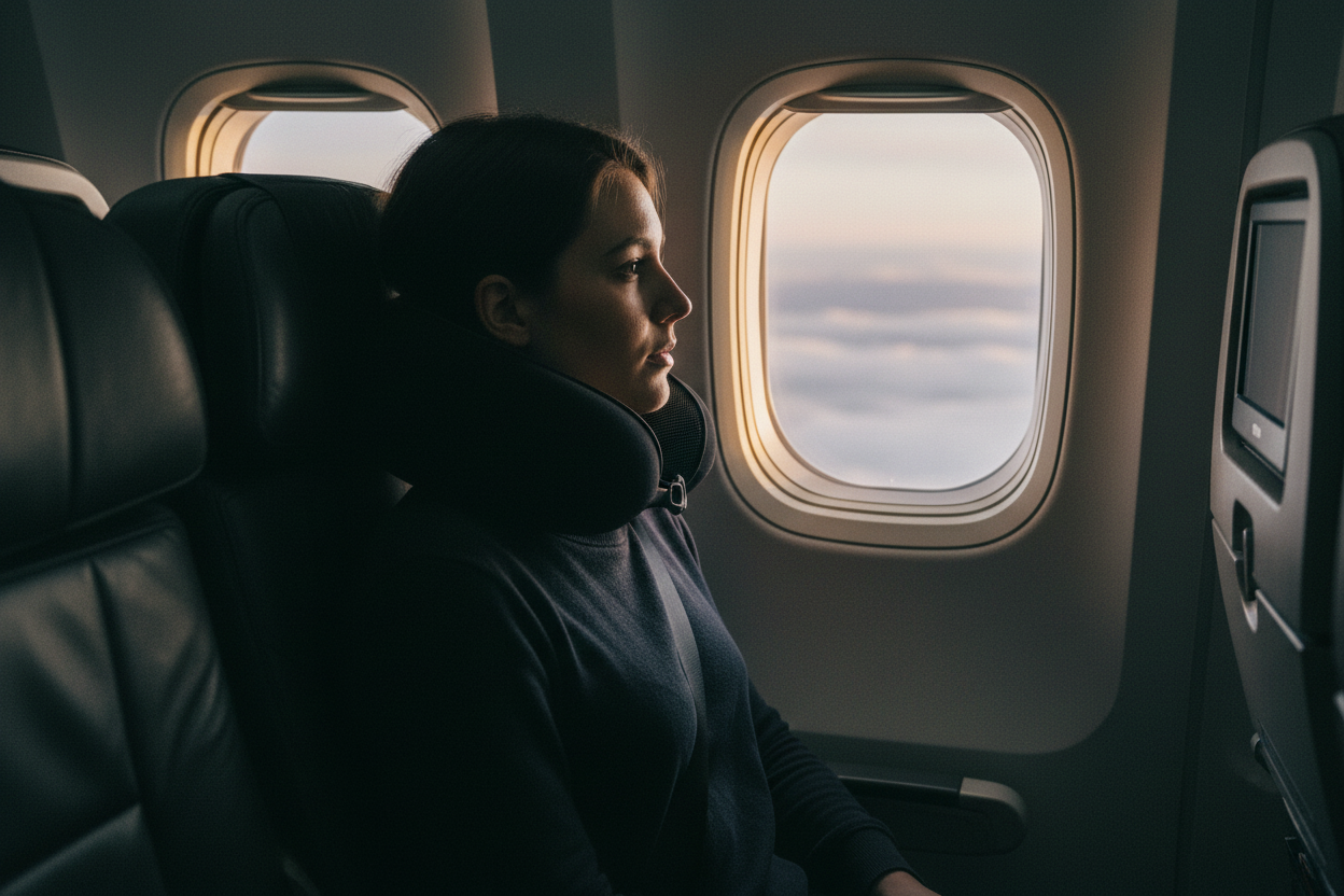 Person wearing travel neck pillow